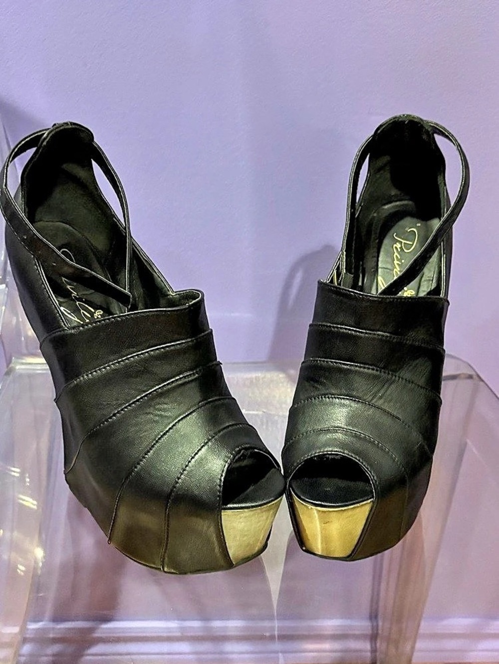 Peep-Toe Platform Wedge Heels in Black